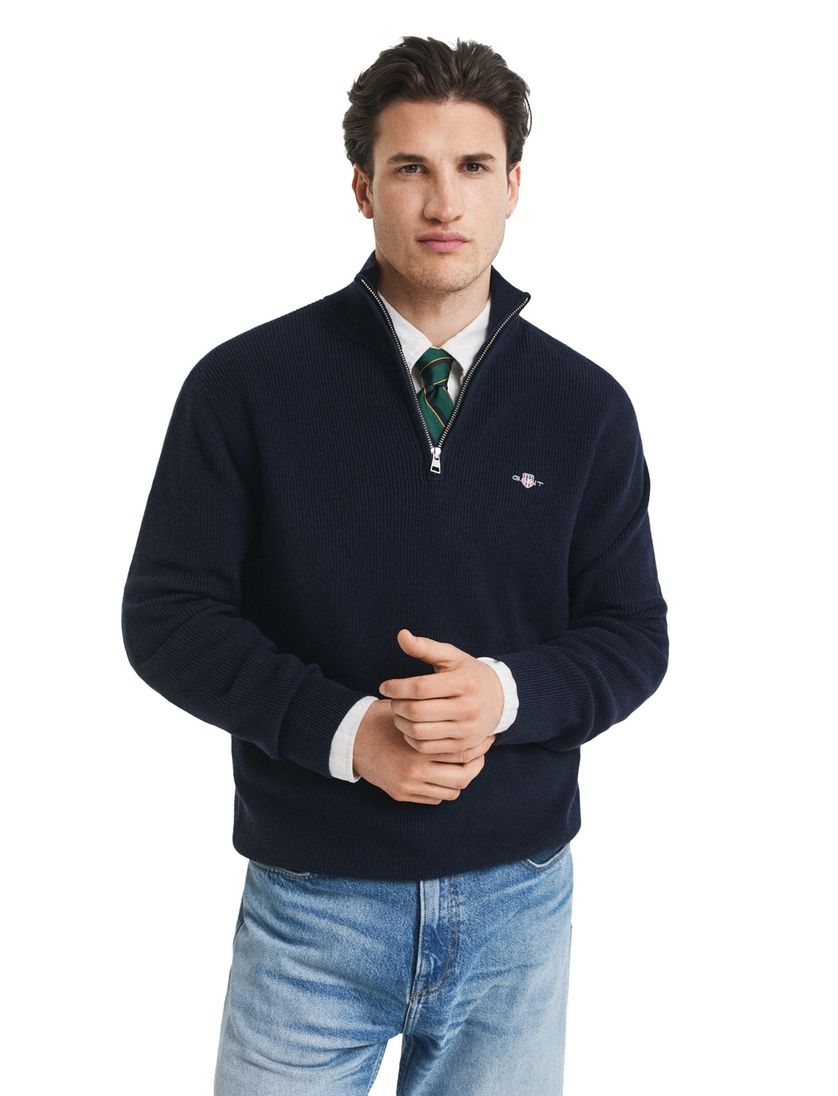 trui half zip Gant donkerblauw effen normale fit