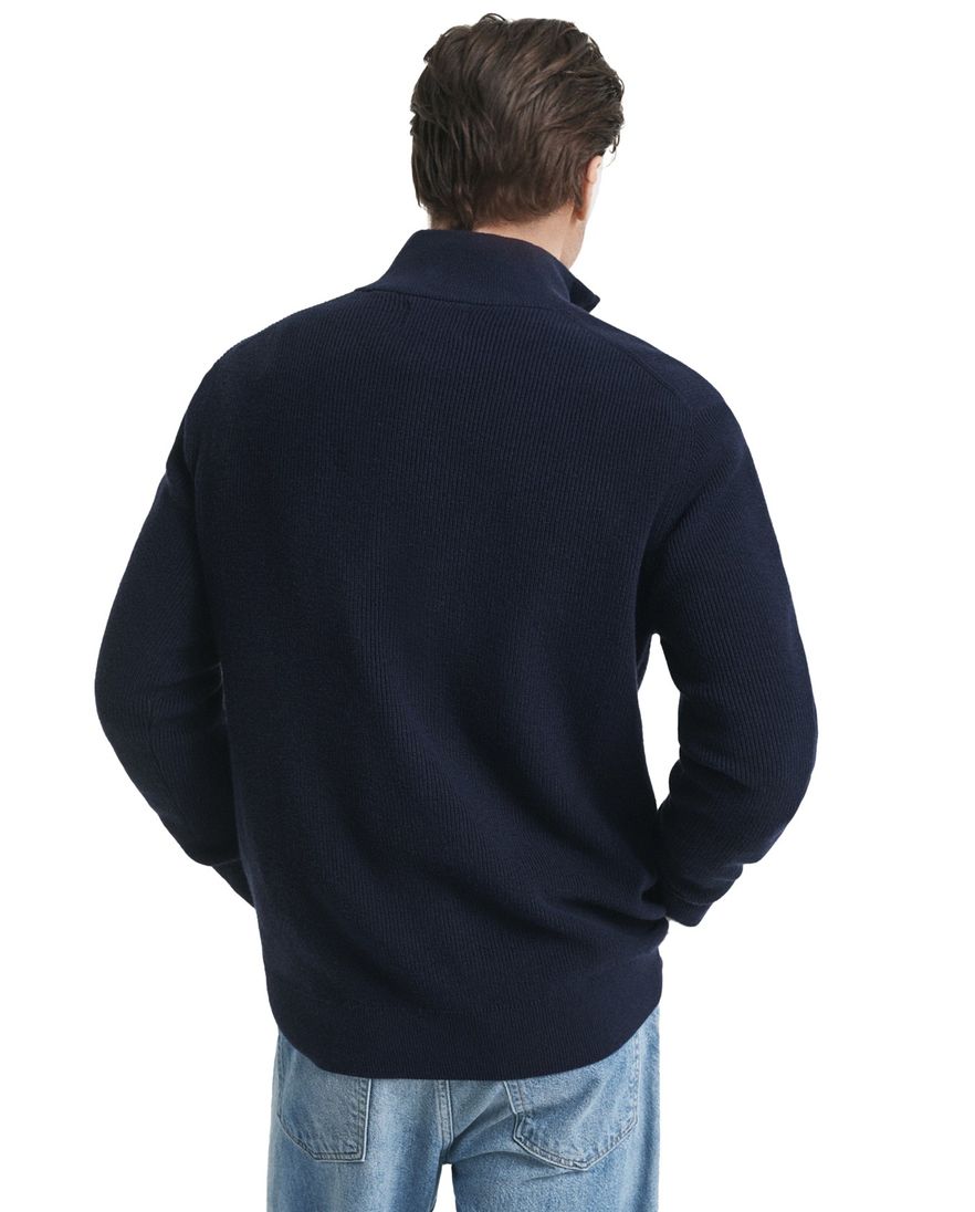 Gant trui donkerblauw effen gebreid normale fit half zip