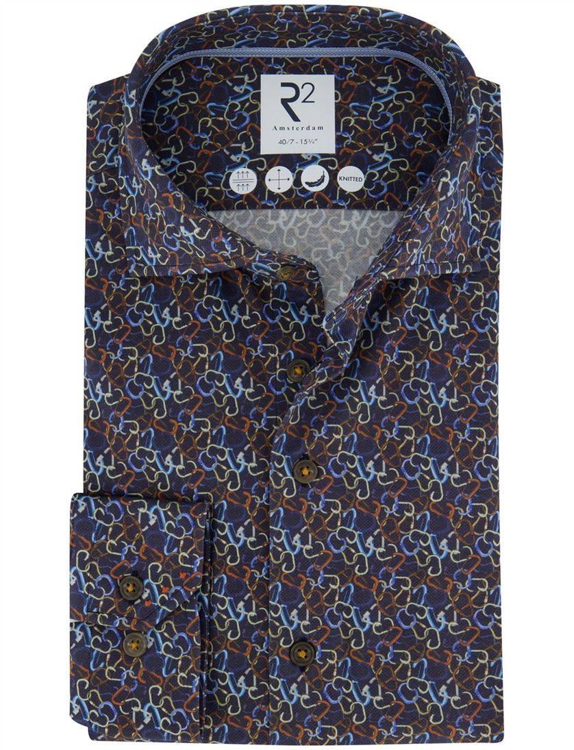 Overhemd R2 Amsterdam Blauw geprint katoen knitted
