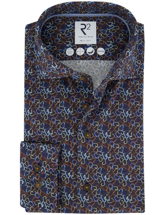 R2 Amsterdam Overhemd Blauw geprint knitted katoen