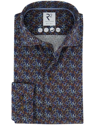 R2 R2 Amsterdam Overhemd donkerblauw geprint knitted katoen