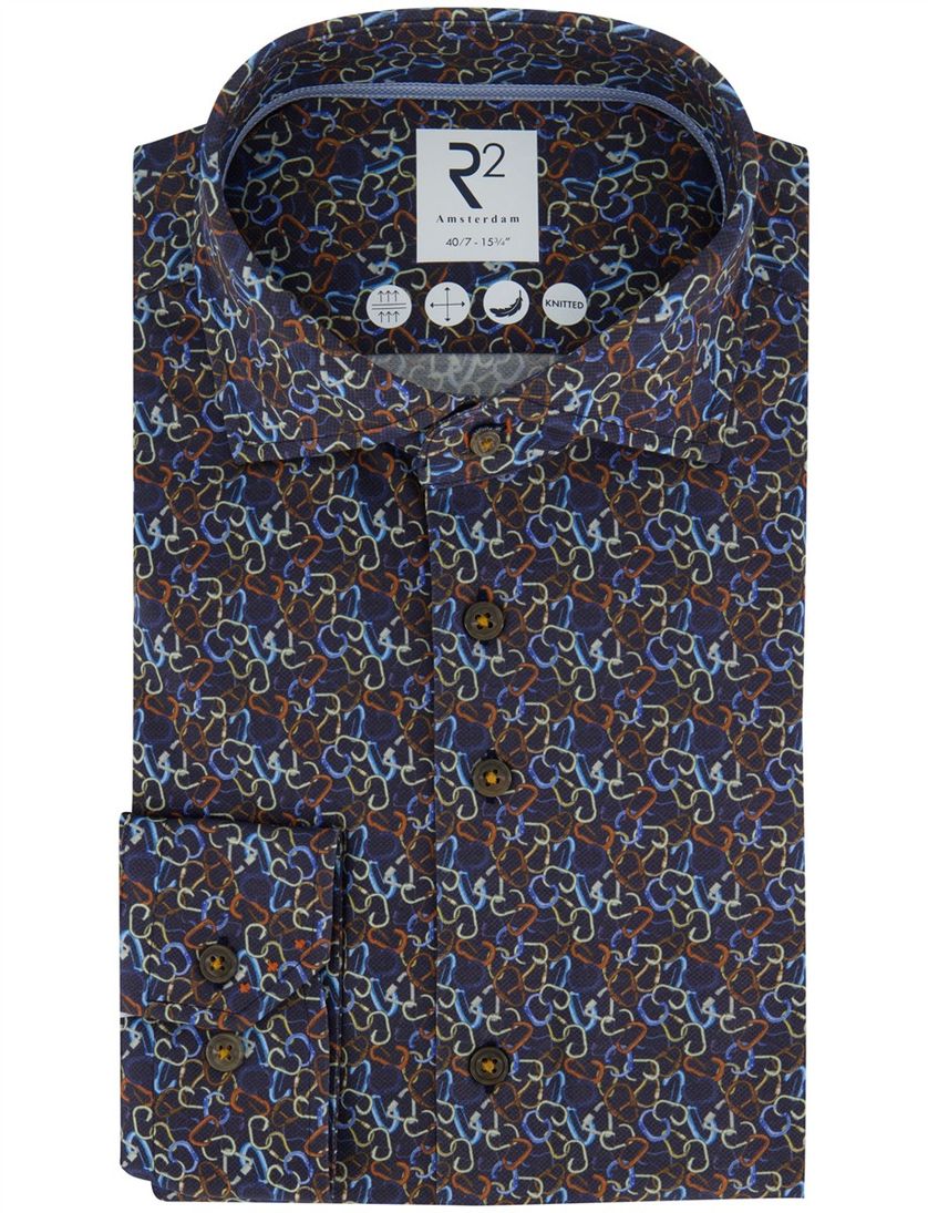Overhemd R2 Amsterdam Blauw geprint katoen knitted