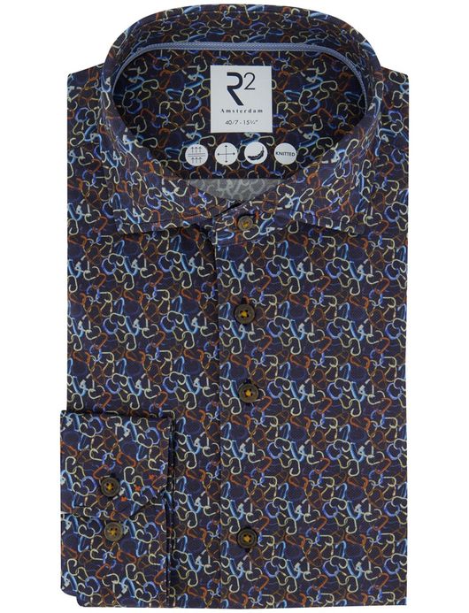 R2 Amsterdam Overhemd Blauw geprint knitted katoen