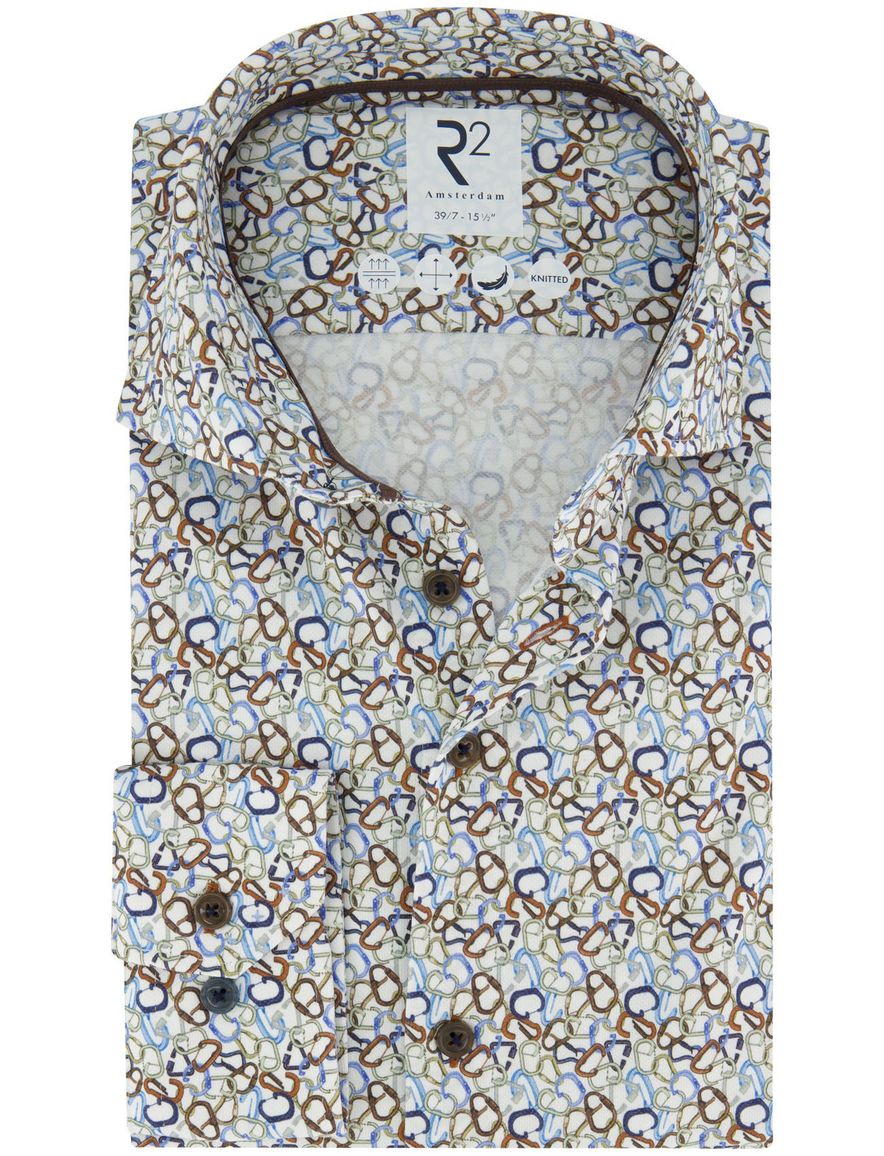 R2 Overhemd mouwlengte 7 wit bruin blauw geprint