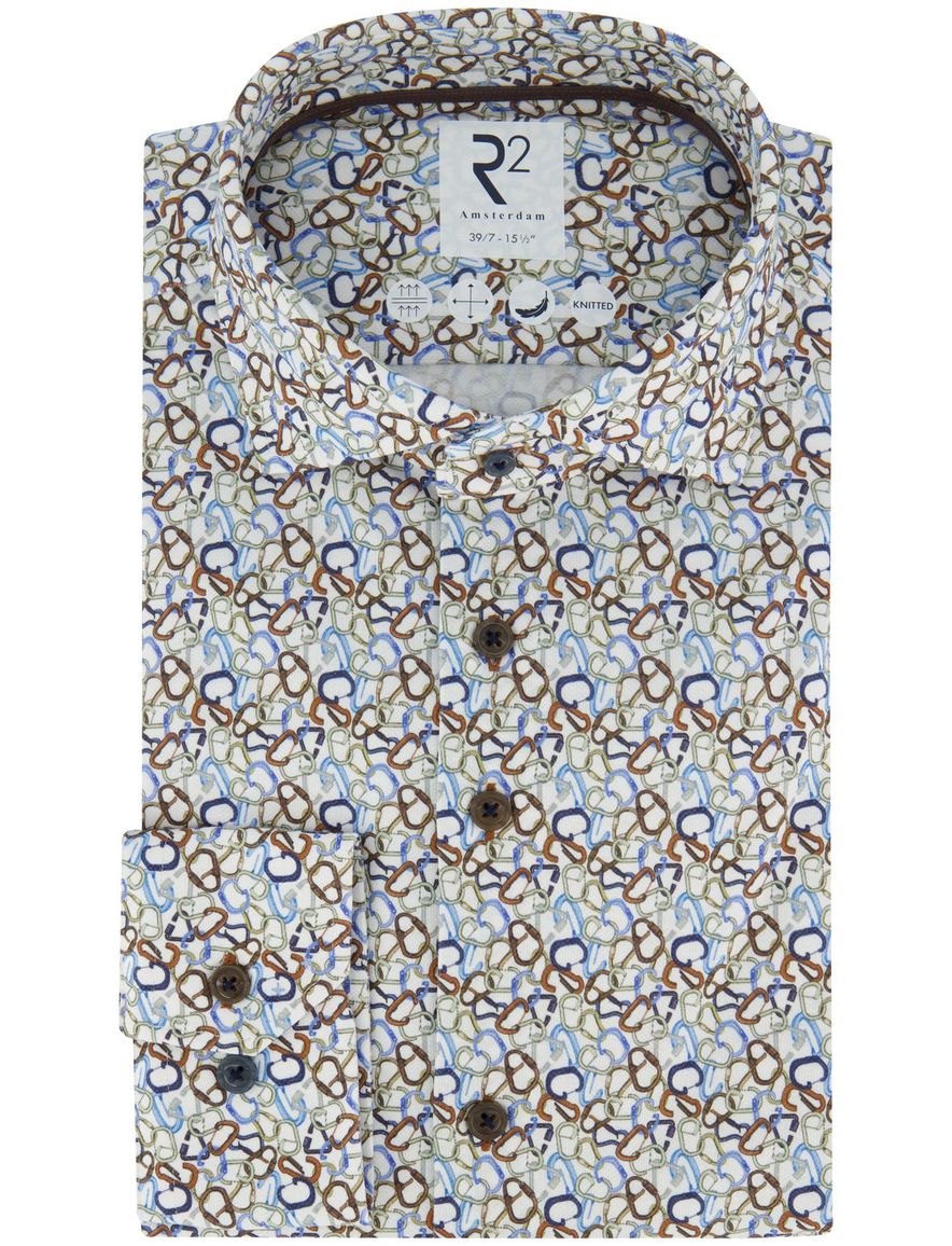 R2 Overhemd mouwlengte 7 wit bruin blauw geprint