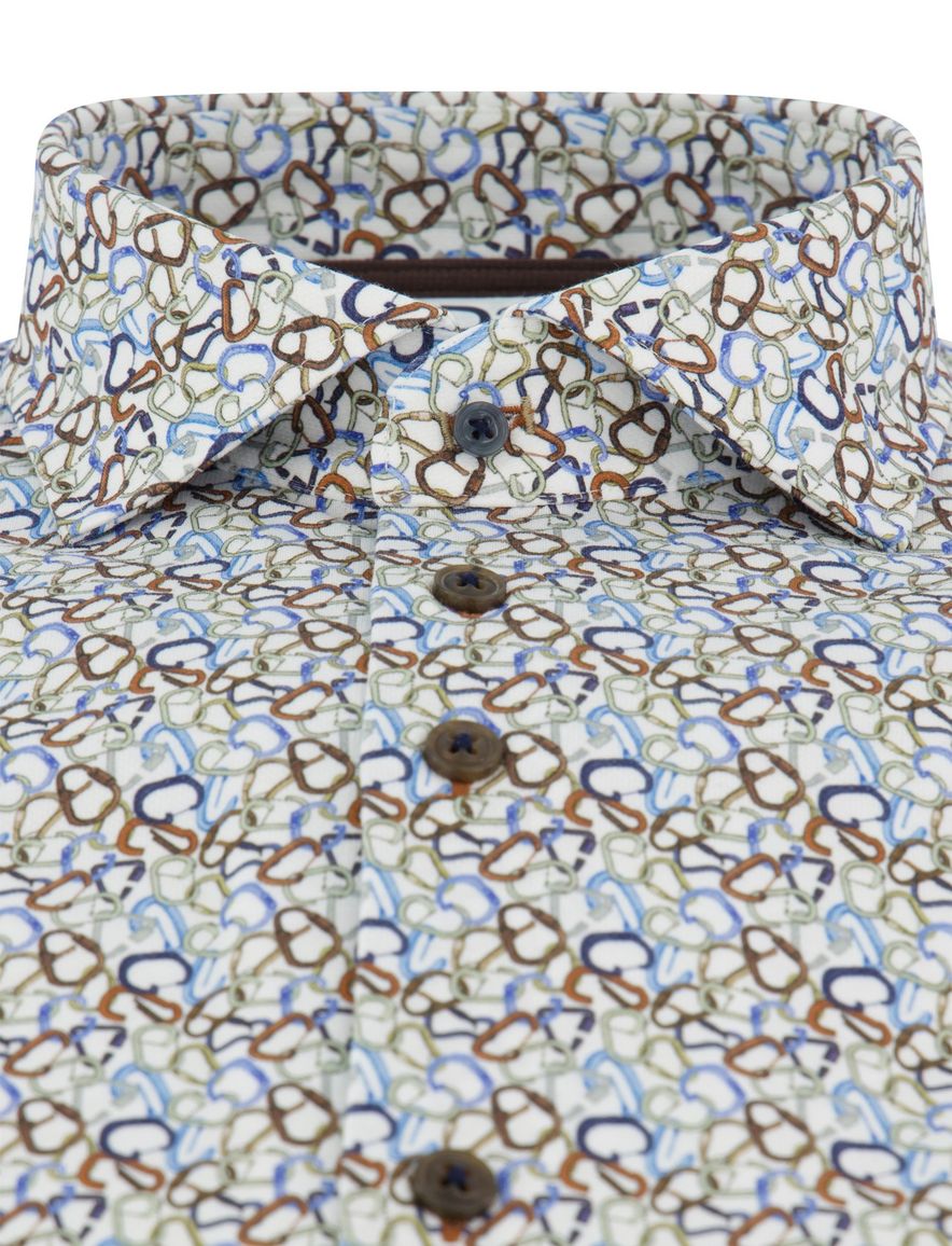 R2 Overhemd mouwlengte 7 wit bruin blauw geprint