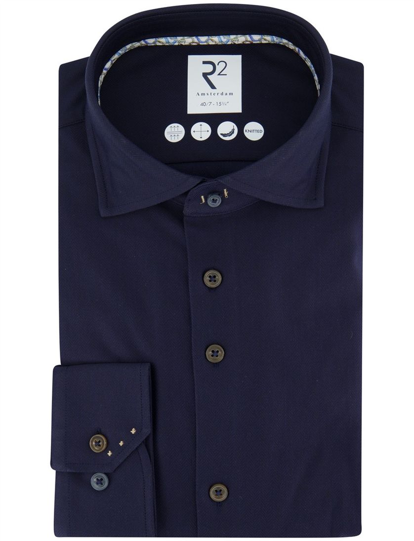 Overhemd R2 Amsterdam Donkerblauw effen katoen knitted