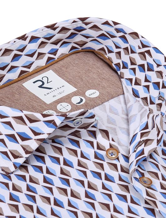 R2 overhemd blauw bruin patroon jersey ml7