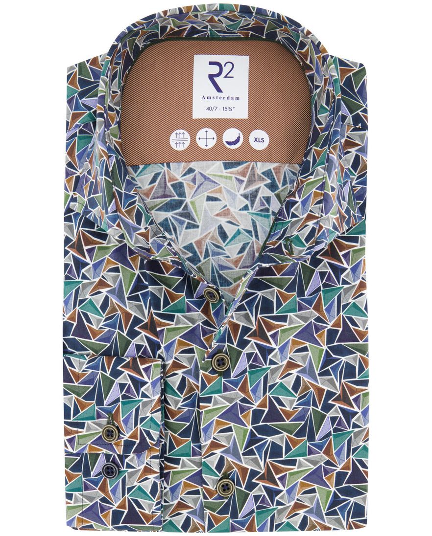 R2 overhemd print katoen blauw mouwlengte 7 semi-wide spread