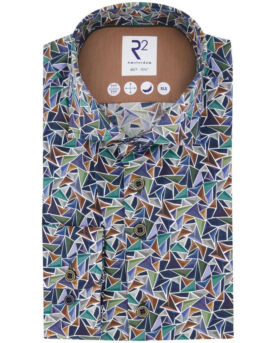 R2 overhemd print katoen blauw mouwlengte 7 semi-wide spread