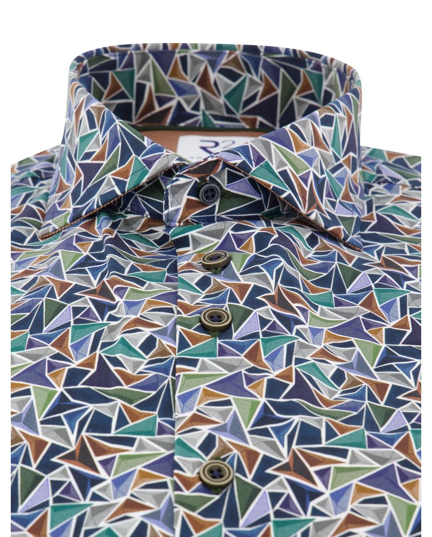 R2 overhemd print katoen blauw mouwlengte 7 semi-wide spread