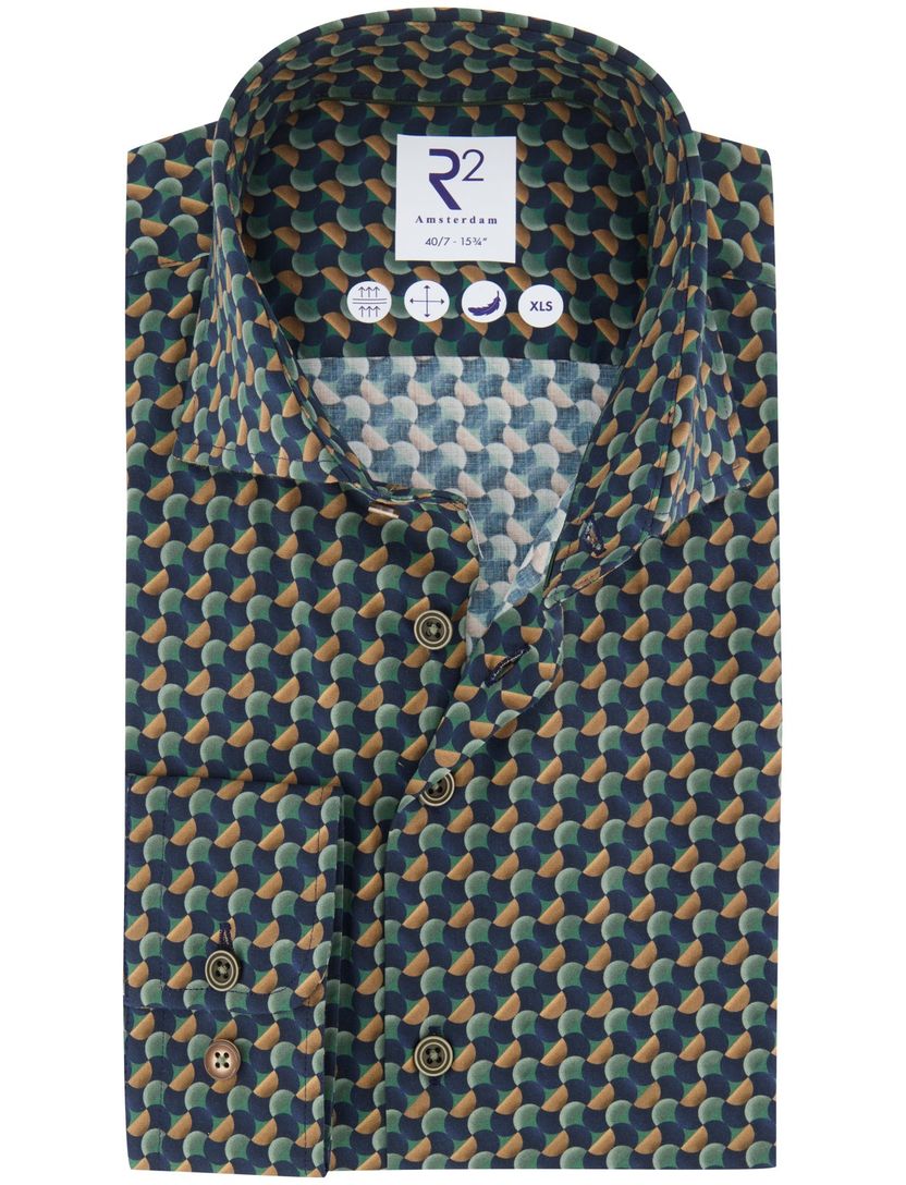 R2 overhemd print katoen donkerblauw mouwlengte 7 semi-wide spread