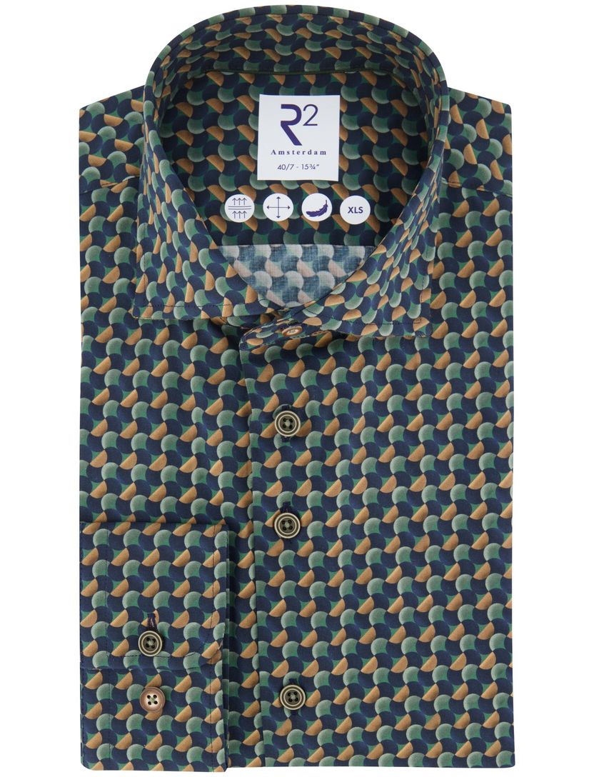 R2 overhemd print katoen donkerblauw mouwlengte 7 semi-wide spread