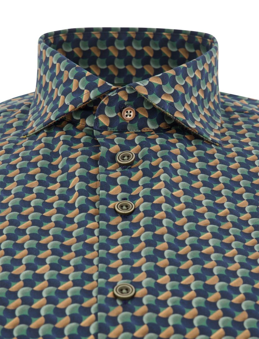 R2 overhemd print katoen donkerblauw mouwlengte 7 semi-wide spread