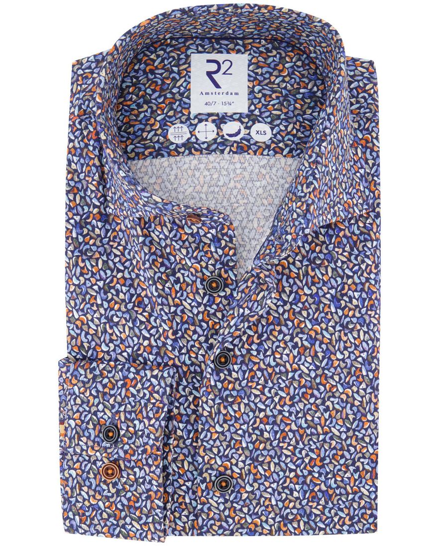 R2 overhemd print katoen blauw semi-wide spread