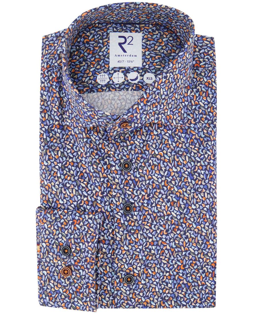 R2 overhemd print katoen blauw semi-wide spread