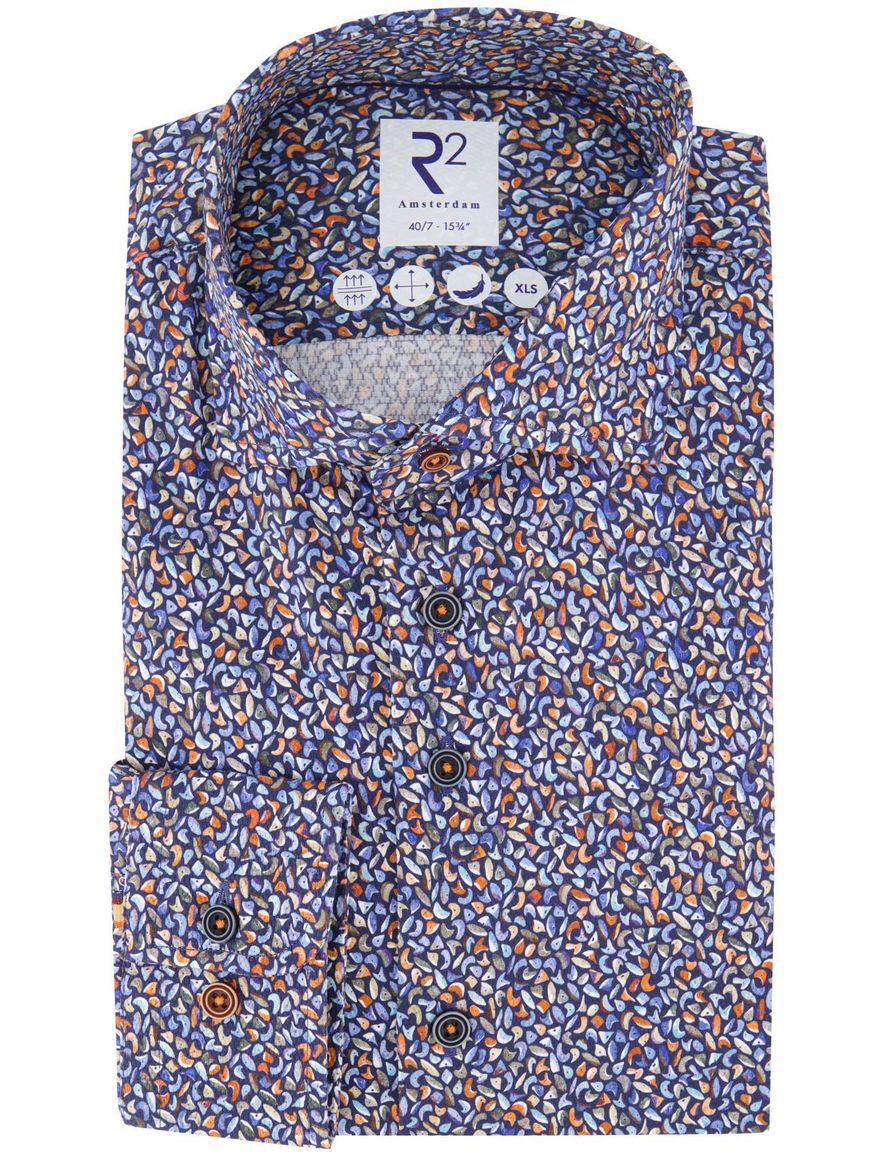 R2 overhemd print katoen blauw