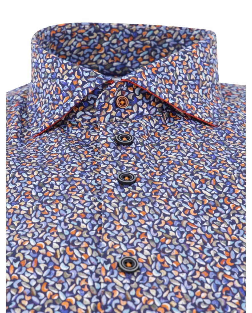 R2 overhemd print katoen blauw semi-wide spread