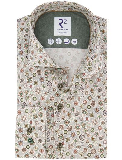 R2 R2 overhemd groen print ml7 semi-wide spread boord