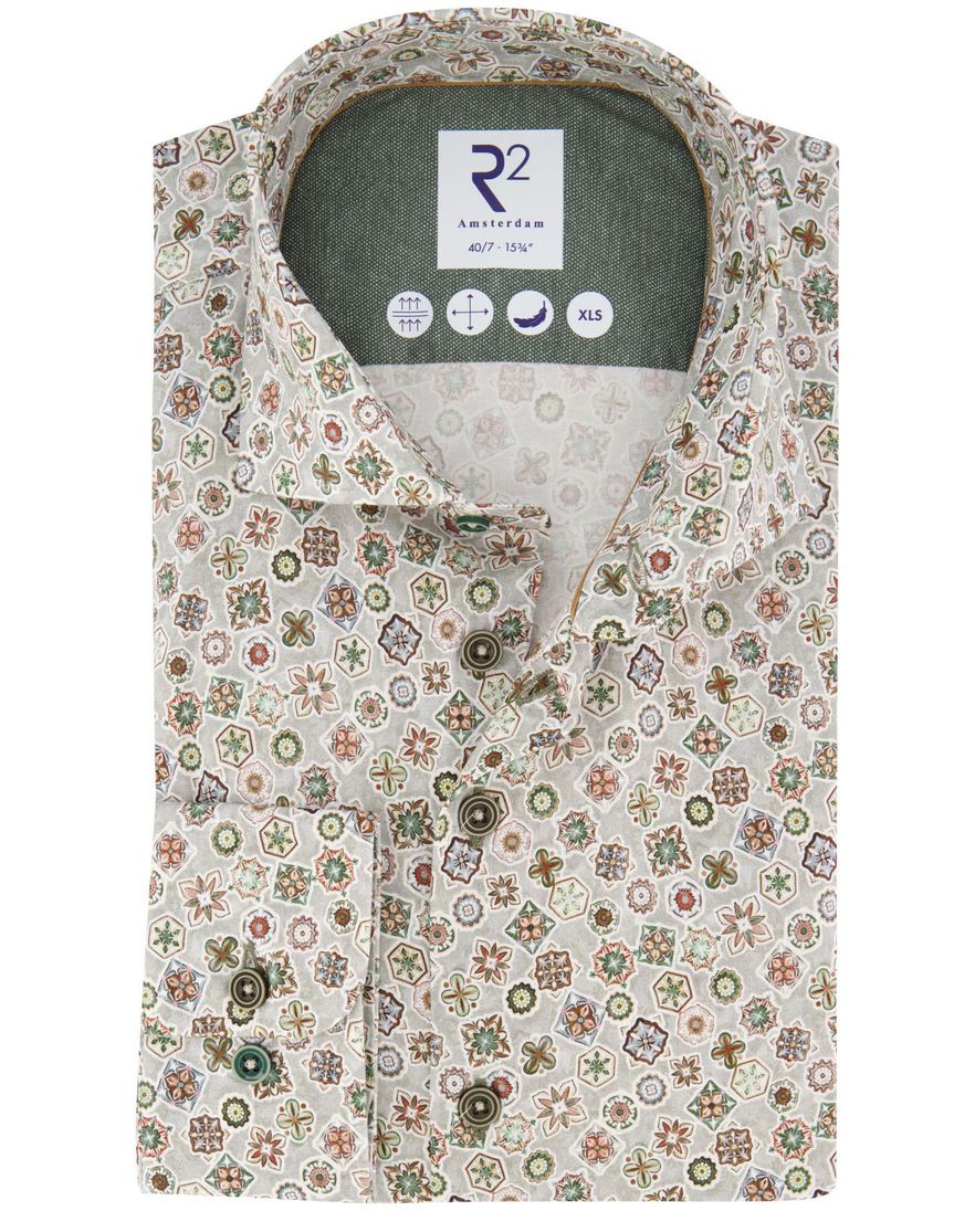 R2 overhemd groen print ml7 semi-wide spread boord