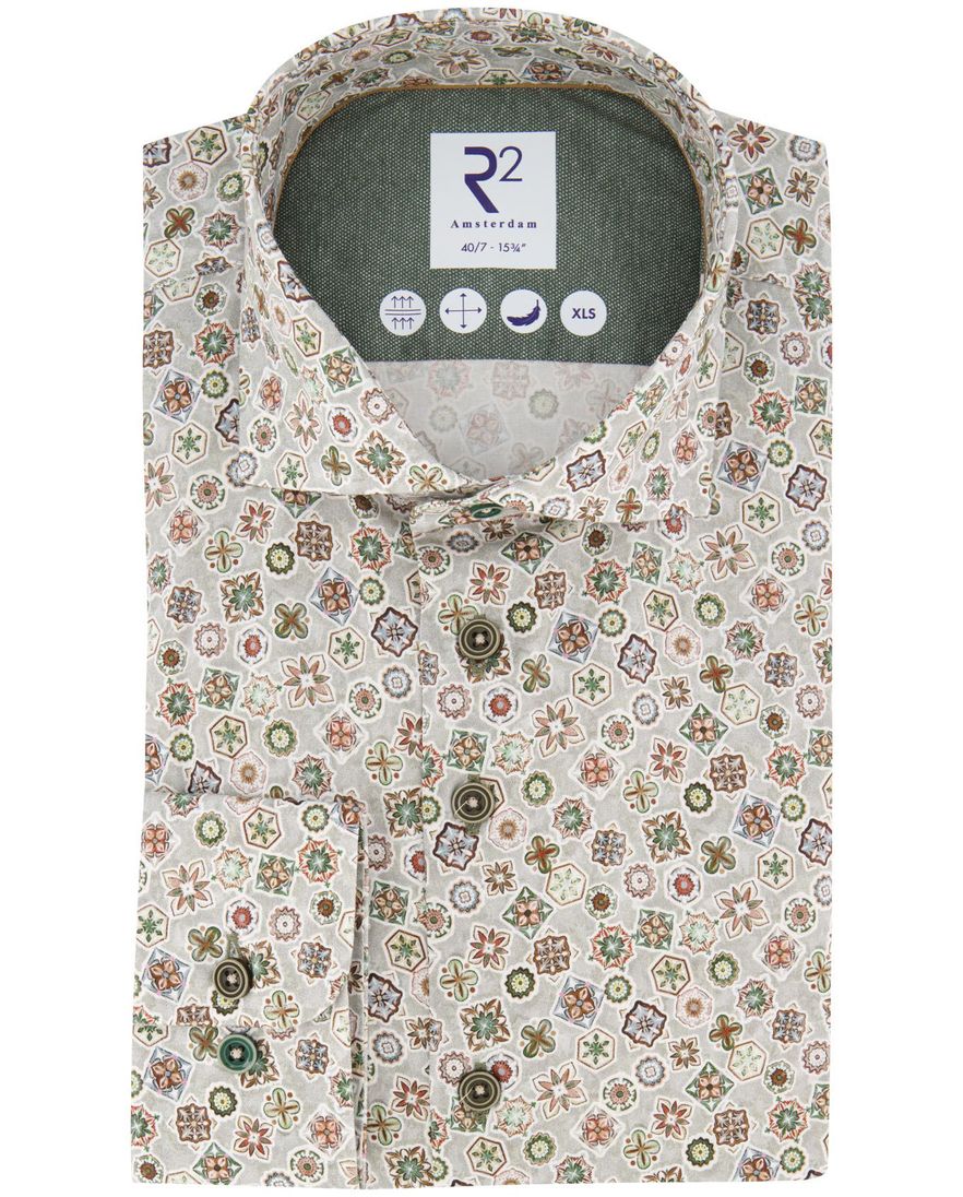 R2 overhemd groen print ml7 semi-wide spread boord