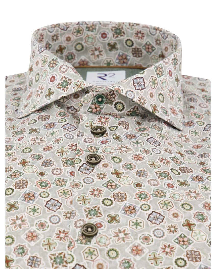 R2 overhemd groen print ml7 semi-wide spread boord