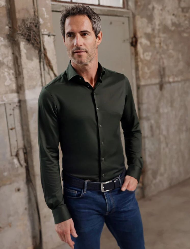 R2 knitted overhemd donkergroen effen