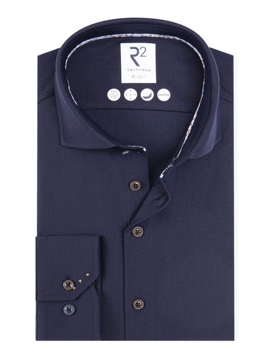 R2 knitted overhemd navy effen