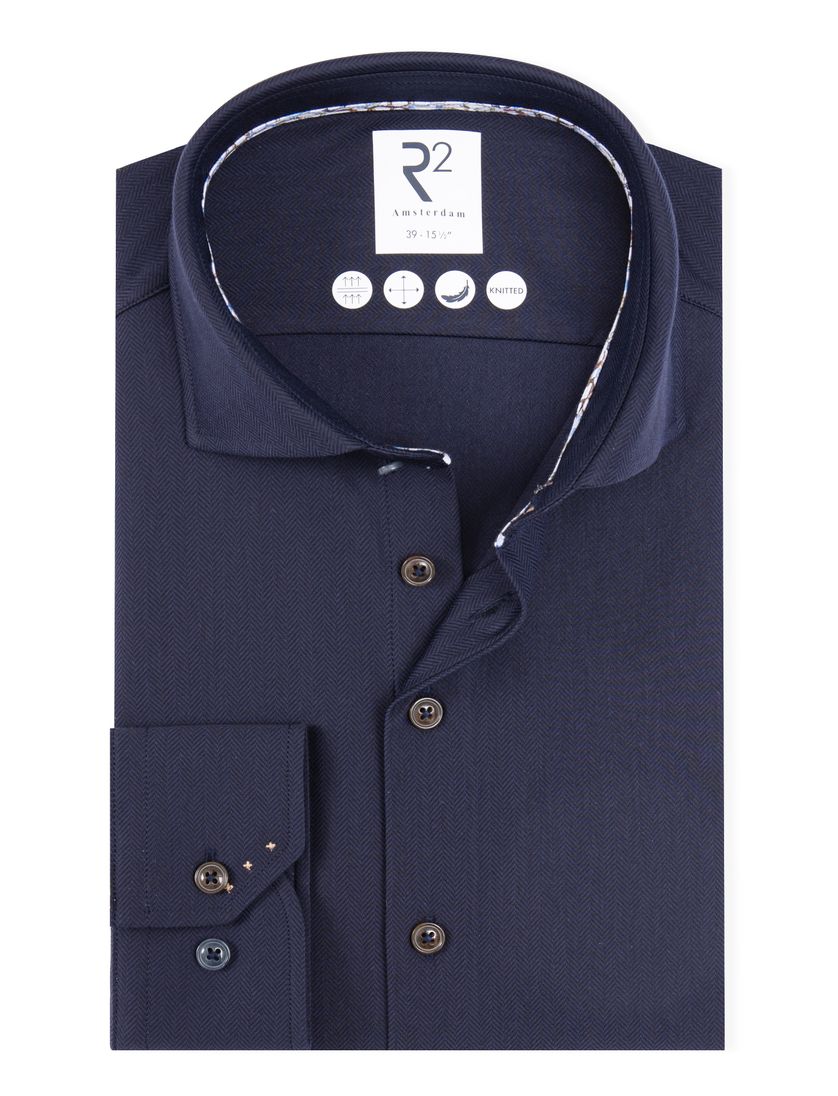 R2 knitted overhemd navy effen