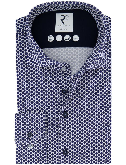 R2 Amsterdam Overhemd donkerblauw geprint katoen jersey