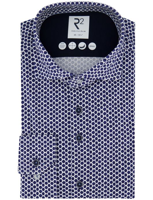 R2 Amsterdam Overhemd donkerblauw geprint katoen jersey