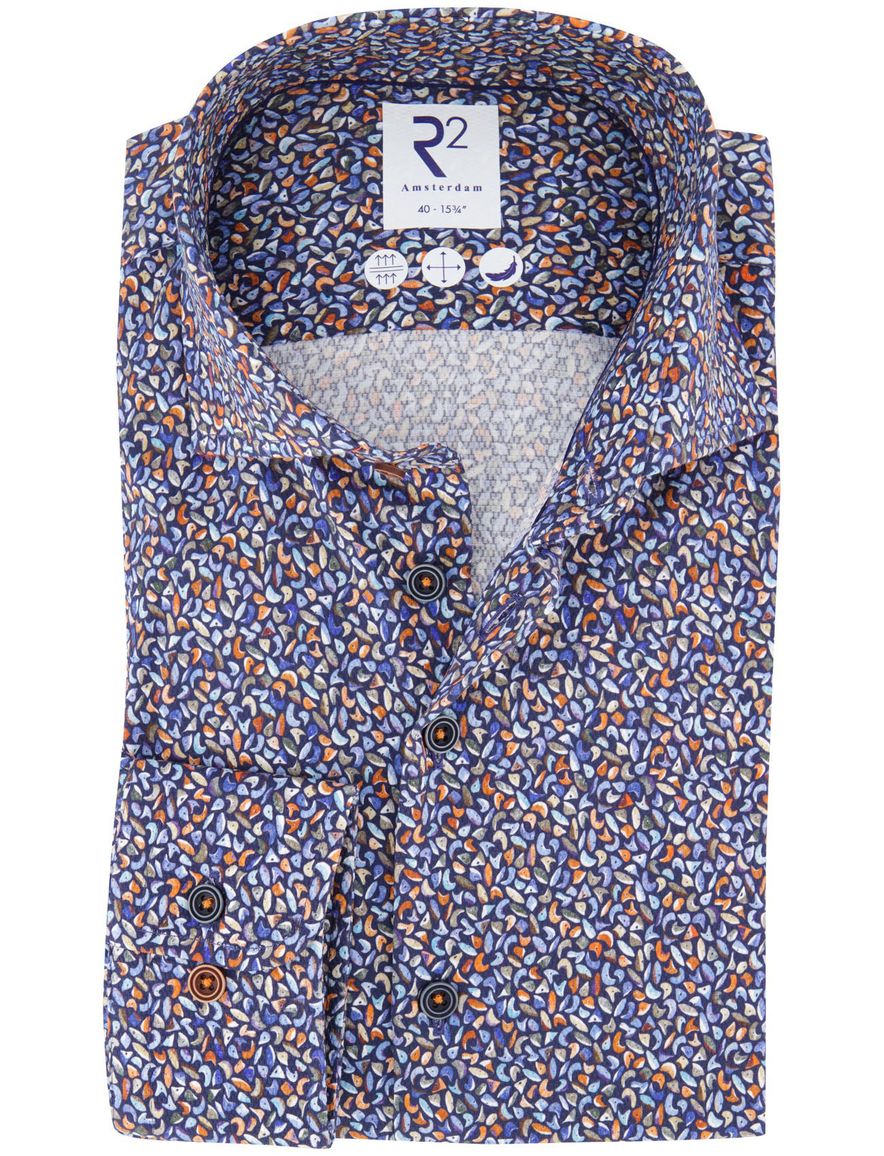 R2 overhemd blauw print katoen