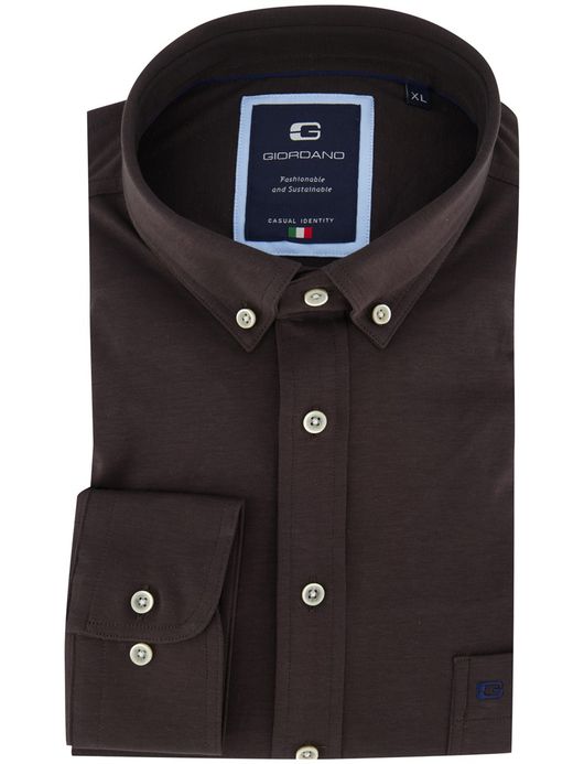 Giordano overhemd donkerbruin jersey effen
