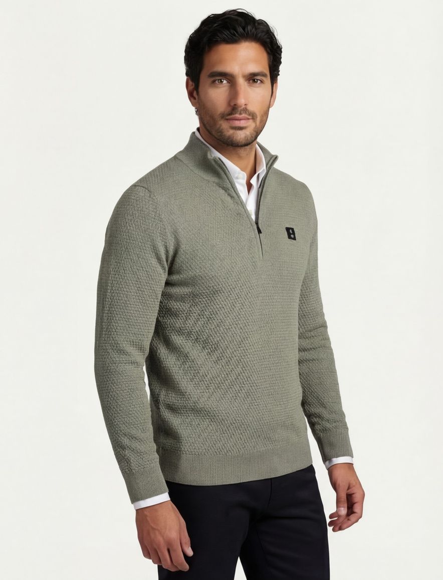 Butcher of blue effen groen normale fit half zip wol