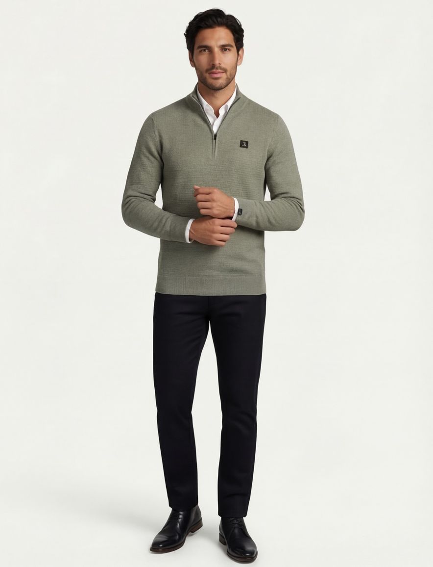 Butcher of blue effen groen normale fit half zip wol