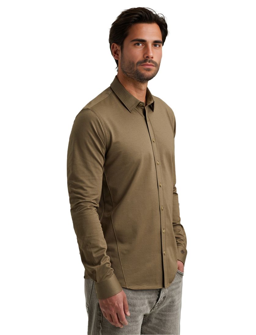 katoenen overhemd Cast Iron groen effen slim fit