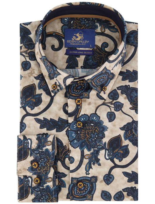 Eden Valley overhemd ml 7 beige donkerblauw print