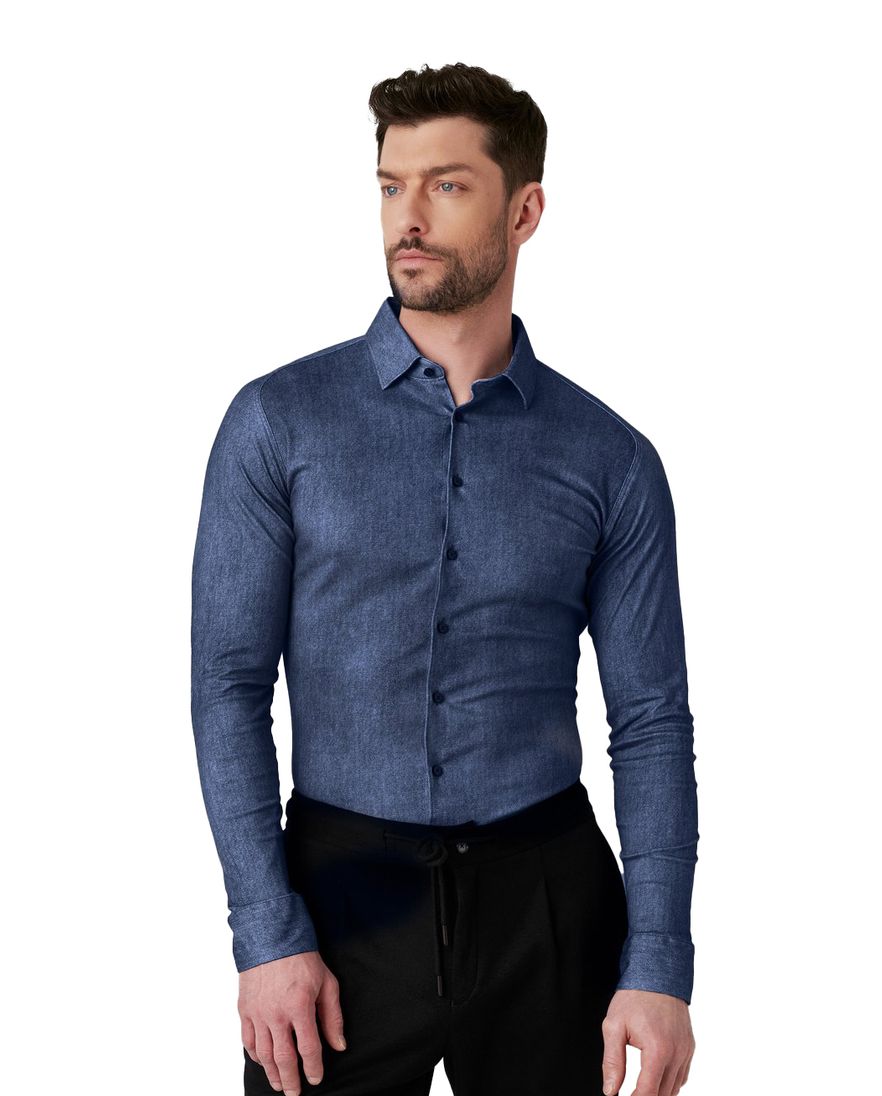 Desoto overhemd blauw gemêleerd Casual Kent lange mouw