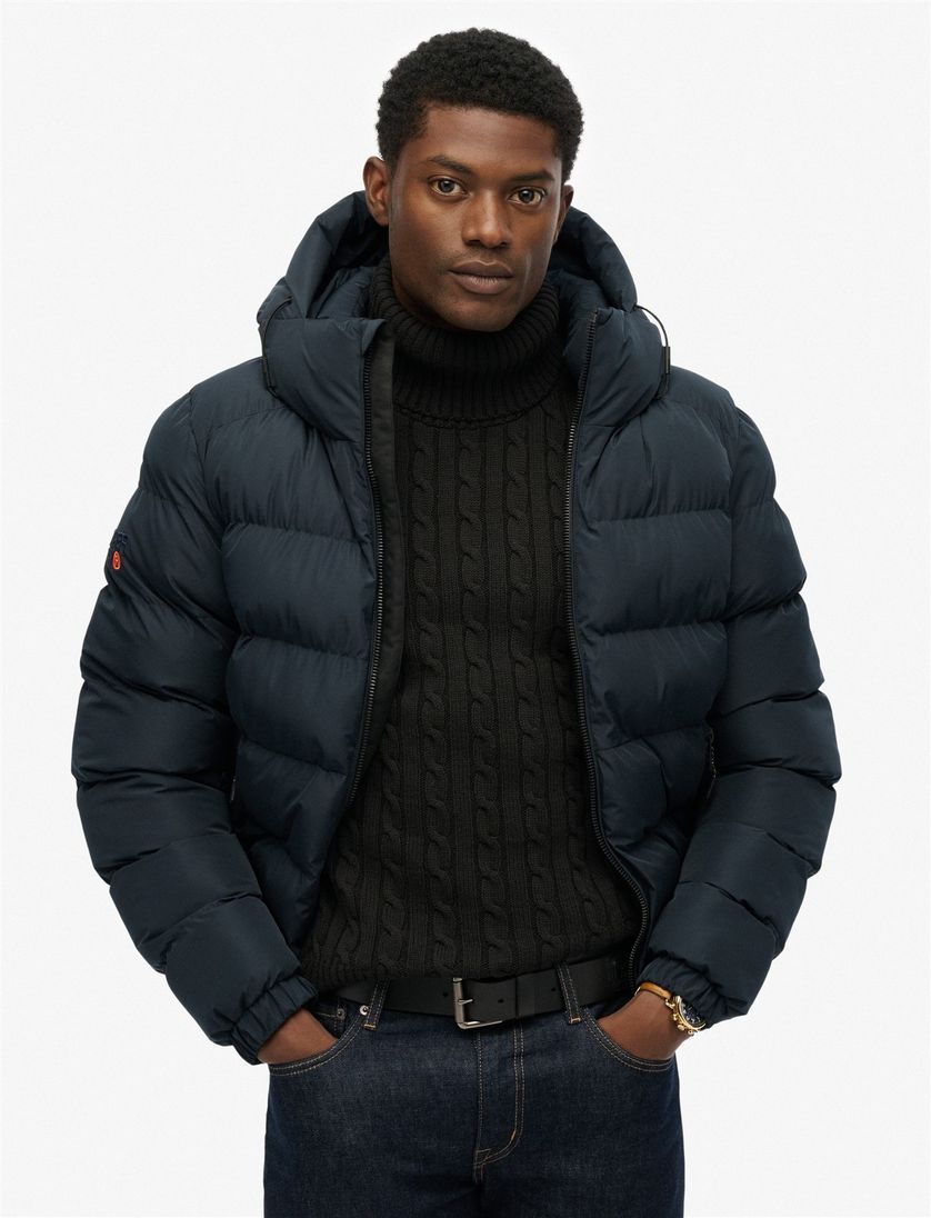 Superdry winterjas navy Sports Puffer met capuchon polyester