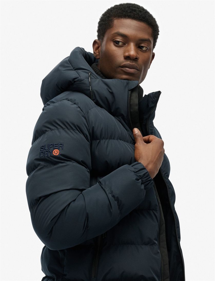 Superdry winterjas navy Sports Puffer met capuchon polyester