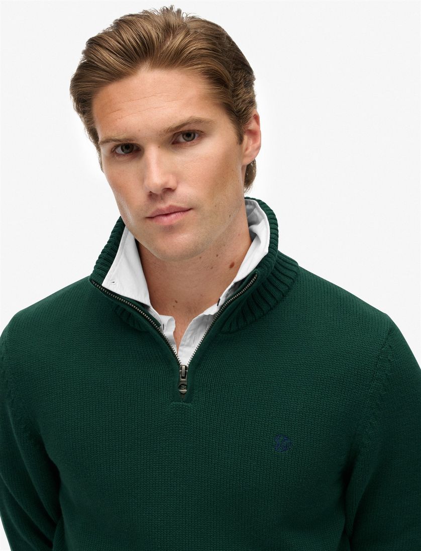 Superdry trui donkergroen katoen gebreid half zip effen