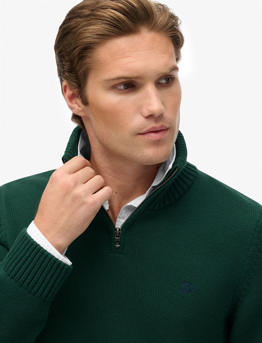 Superdry trui donkergroen katoen gebreid half zip effen