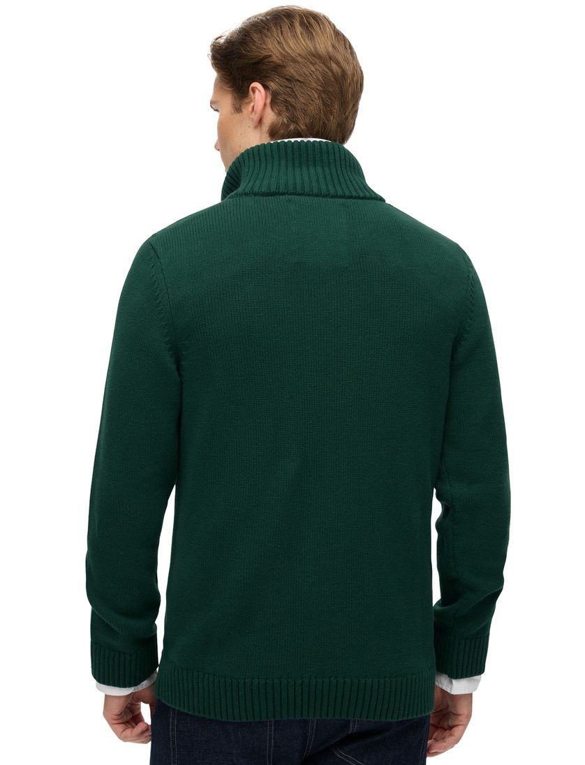 Superdry trui donkergroen katoen gebreid half zip effen