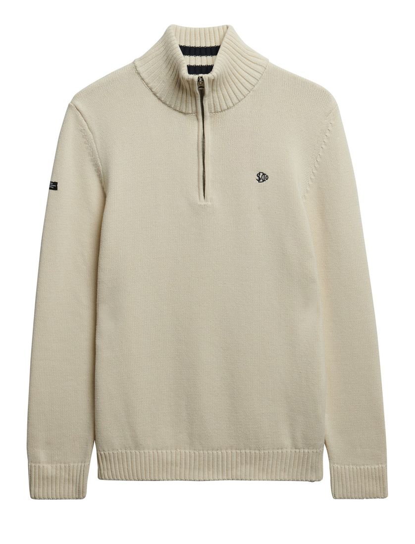 Superdry trui creme half zip katoen gebreid met boord