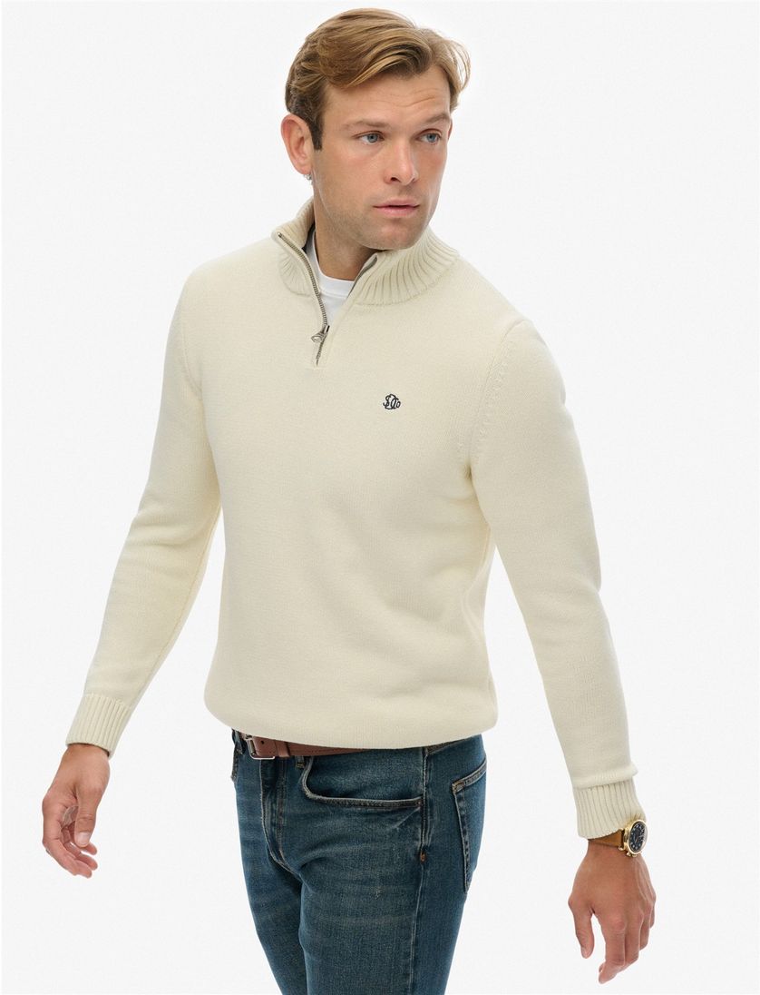 Superdry trui creme half zip katoen gebreid met boord