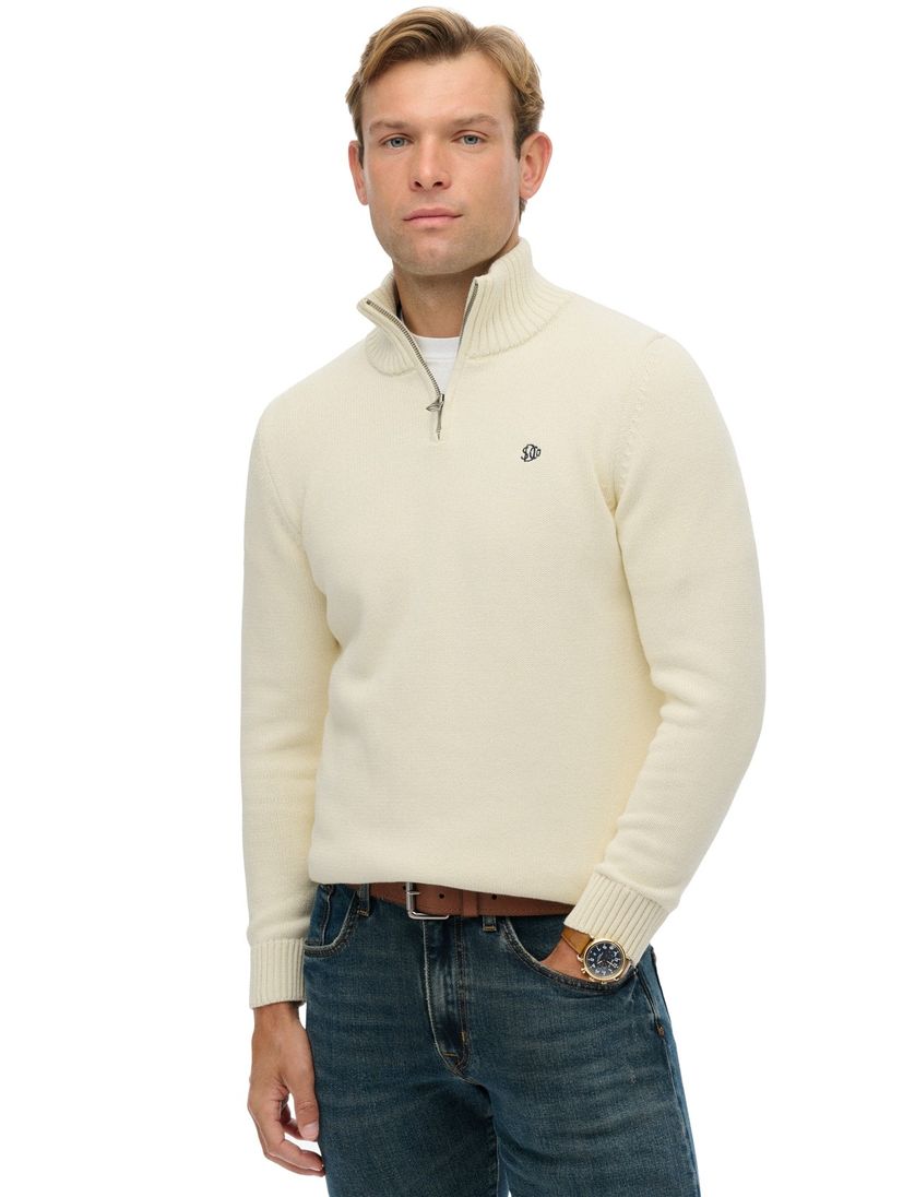 Superdry trui creme half zip katoen gebreid met boord