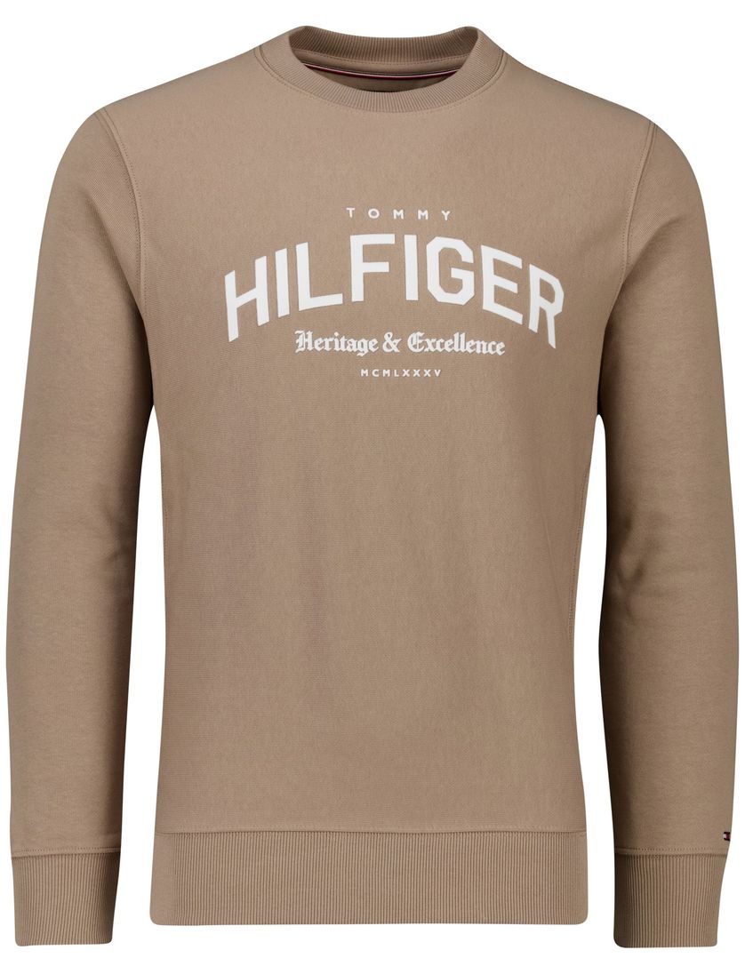 Tommy Hilfiger sweater bruin effen katoen lange mouw opdruk