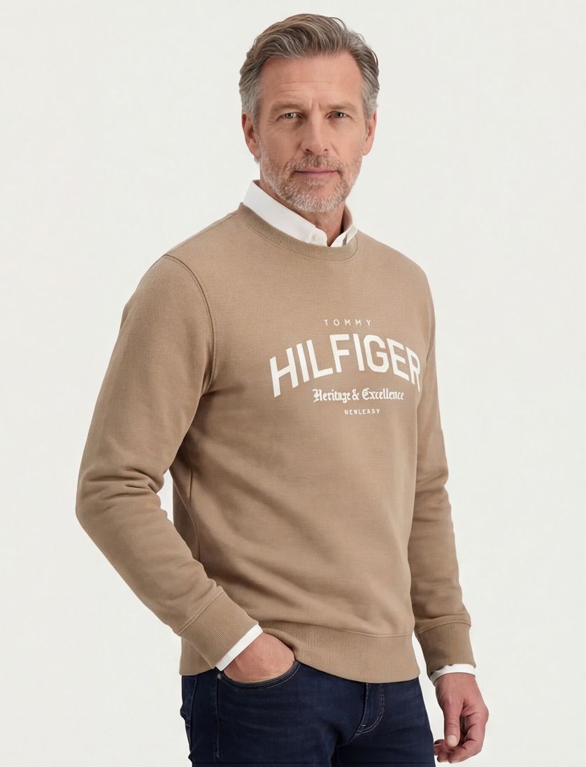 Tommy Hilfiger sweater bruin effen katoen lange mouw opdruk