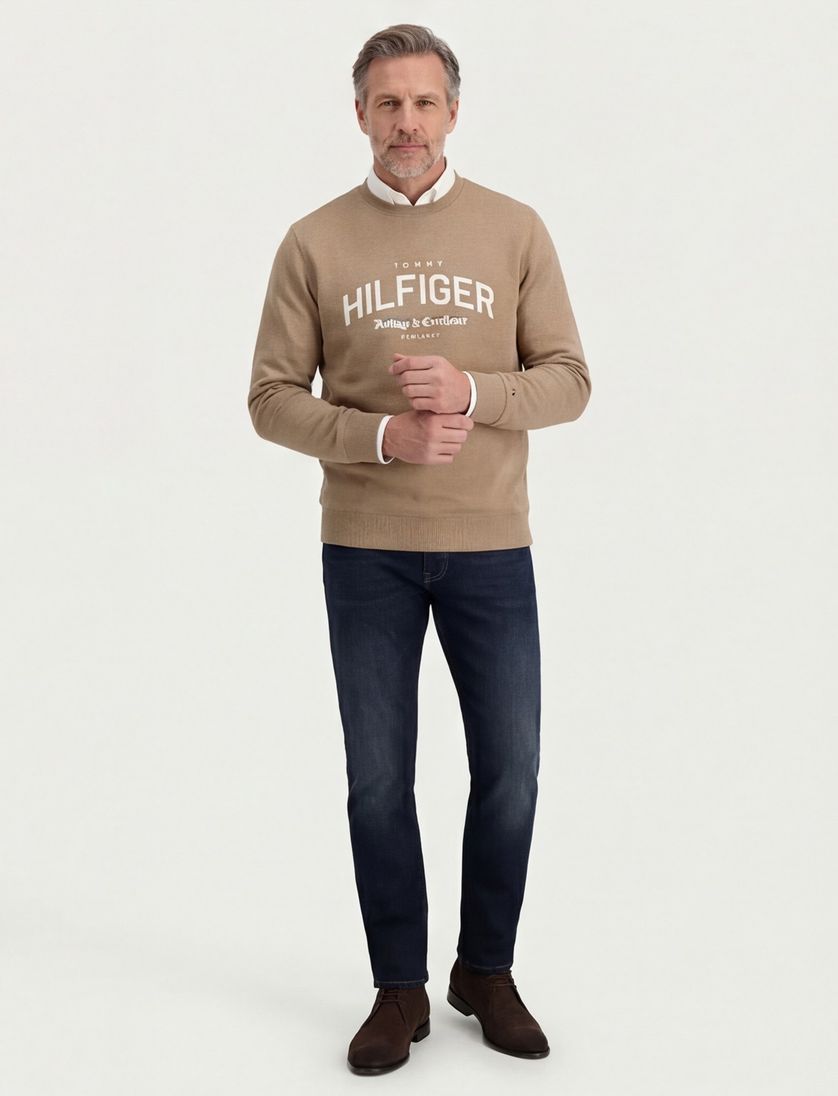 Tommy Hilfiger sweater bruin effen katoen lange mouw opdruk