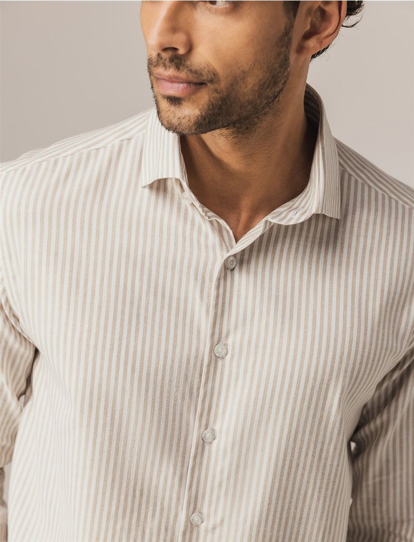 State of Art overhemd beige gestreept semi-wide collar